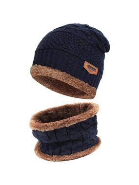 🆕 Kids Blue Toddler Winter Warm Knit Beanie Hat Neck Scarf Set Fleece Cap Gift